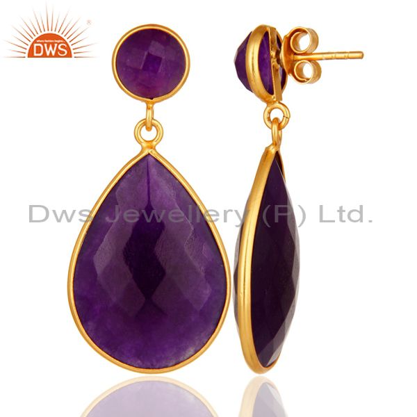 Designers 18K Gold Plated Faceted Purple Chalcedony Sterling Silver Bezel-Set Earrings