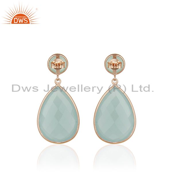 Suppliers Aqua Chalcedony Gemstone 925 Silver Rose Gold Plated Drop Earring Manufacturers