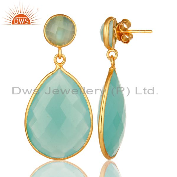 Suppliers Dyed Aqua Blue Chalcedony Gemstone Bezel Set Drop Earring Gold Plated Silver