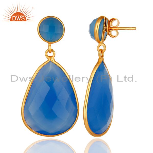 Designers Gold Plated Sterling Silver Faceted Blue Chalcedony Gemstone Bezel Set Earrings
