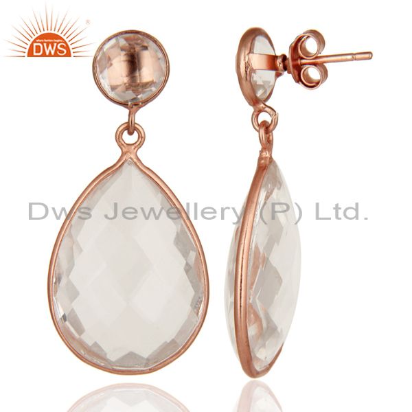 Designers 18K Rose Gold Plated Sterling Silver Crystal Quartz Bezel Set Drop Earring