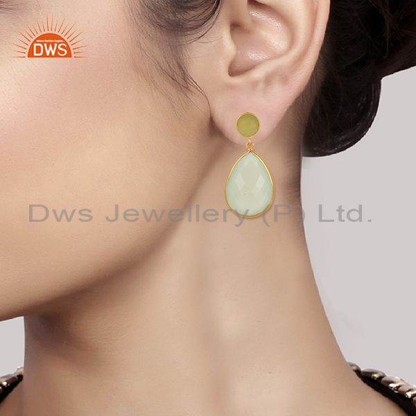 Designers Dyed Chalcedony Sterling Silver Bezel-Set Stones Dangle Earrings - Gold Plated