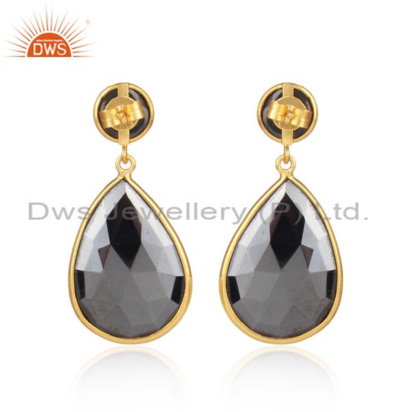 Hematite Set Gold On Silver Pear Shaped Statement Earrings