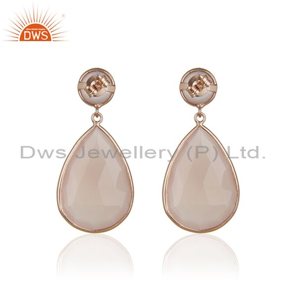 Suppliers Rose Chalcedony Gemstone Solid Silver Rose Gold Plated Dangle Earrings Wholesale