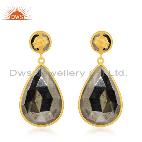 Suppliers Pyrite Gemstone Gold Plated 925 Silver Dangle Earrings Manufacturer India