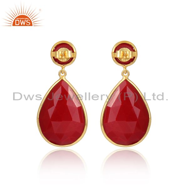 Red Agate Set Gold On Silver Pear Shaped Statement Earrings