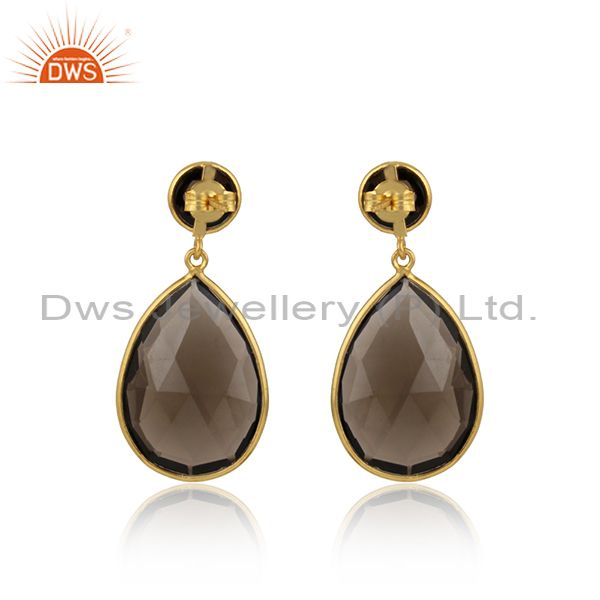 Designers Faceted Smoky Quartz Gemstone Sterling Silver Drop Dangle Earrings - Gold Plated