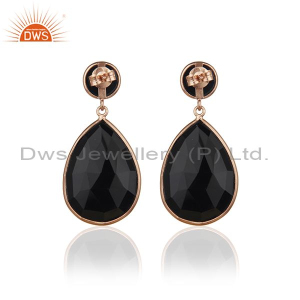 Suppliers Rose Gold Plated 925 Silver Black Onyx Gemstone Drop Earrings Manufacturer