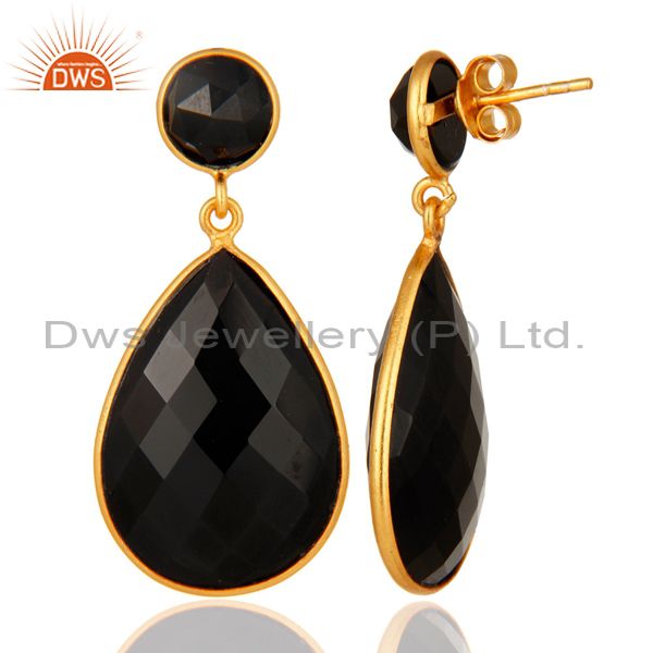 925 silver bezel-set black onyx drop earrings - gold plated