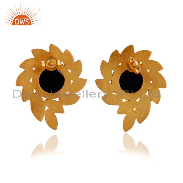 Suppliers 22K Yellow Gold Plated Brass Blue Druzy Agate Designer Stud Earrings For Women