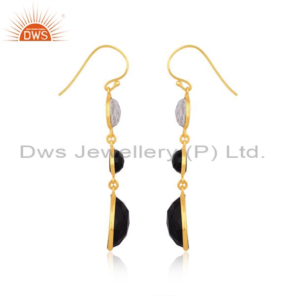 Crystal Quartz And Black Onyx Bezel-Set Dangle Earrings In 18K Gold On Silver