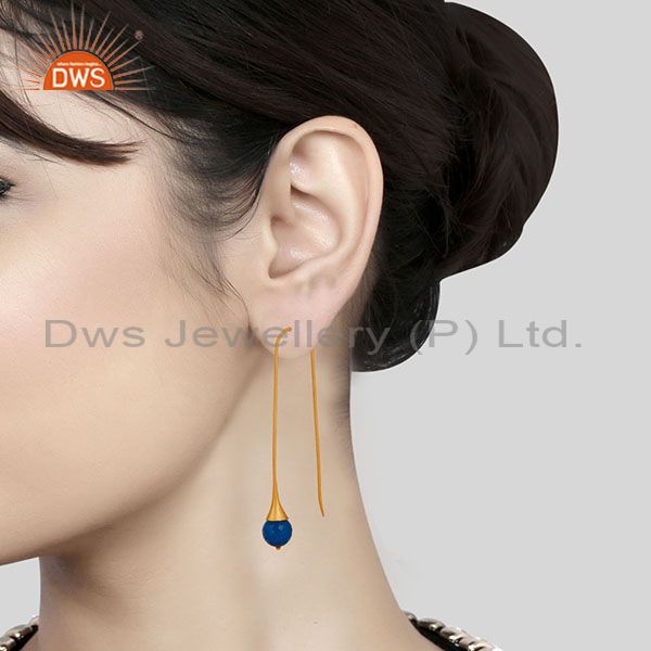 Suppliers 18K Gold Plated Sterling Silver Dyed Blue Chalcedony Gemstone Dangle Earrings