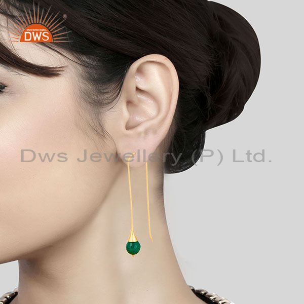 Suppliers 18K Yellow Gold Plated 925 Sterling Silver Faceted Green Onyx Dangle Earrings