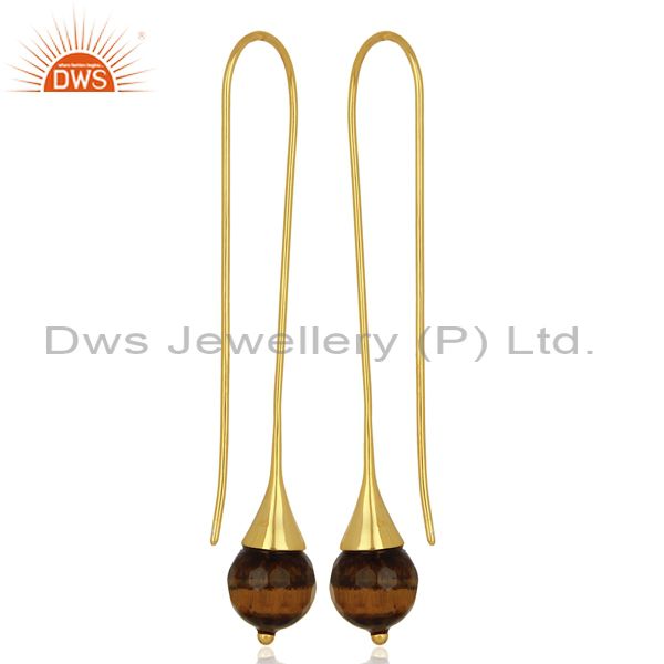Suppliers Tiger Eye Gemstone long Organic Ball Drop Sterling Silver Gold Plated Earring