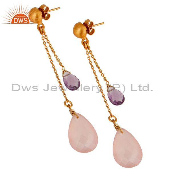 Suppliers 18K Gold Plated Sterling Silver Amethyst & Rose Chalcedony Chain Dangle Earrings