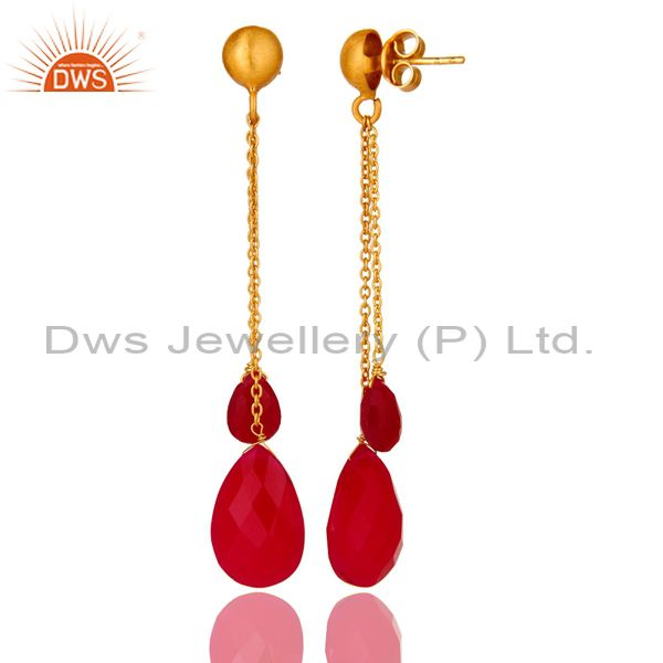 Suppliers Pink Chalcedony Briolette Gold Plated Sterling Silver Link Chain Dangle Earrings