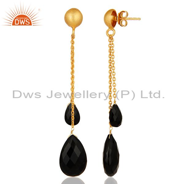 Suppliers 18K Yellow Gold Plated Sterling Silver Black Onyx Briolette Chain Dangle Earring