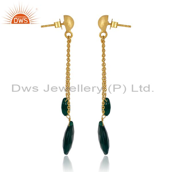 Exporter 18K Yellow Gold Plated Sterling Silver Green Onyx Teardrop Chain Dangle Earrings