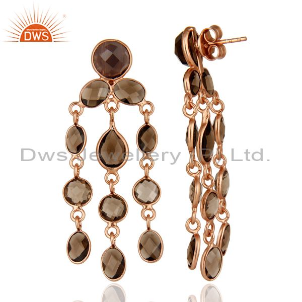 Suppliers Rose Gold Plated Sterling Silver Smoky Quartz Gemstone Chandelier Earrings