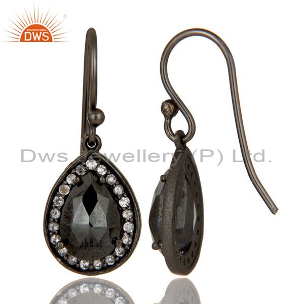 Designers Oxidized Sterling Silver Hematite And White Topaz Dangle Earrings