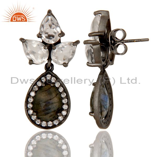 Suppliers Oxidized Sterling Silver Labradorite and Crystal Designer Dangle Earrings