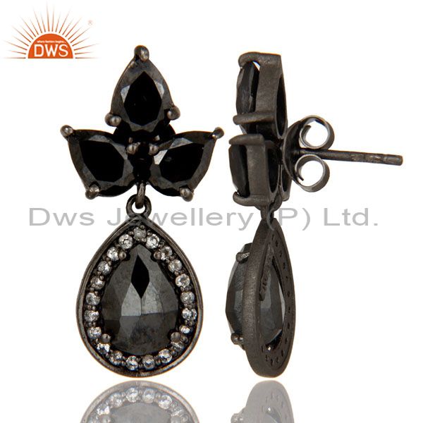 Designers Oxidized Sterling Silver Hematite And White Topaz Designer Dangle Earrings