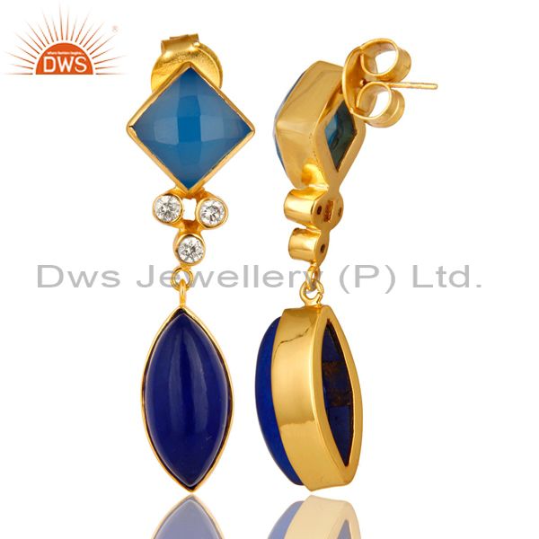 Suppliers 22K Yellow Gold Plated Blue Aventurine And Chalcedony Earrings With CZ