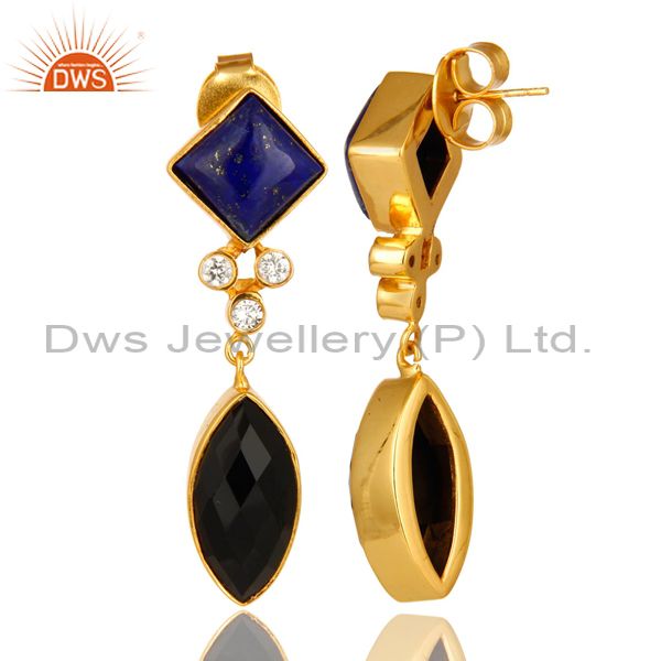 Suppliers 18K Gold Plated Black Onyx And Lapis Lazuli Gemstone Dangle Earrings With CZ