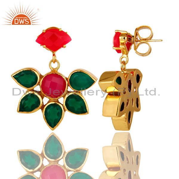 Suppliers 18K Yellow Gold Plated Green Onyx And Pink Chalcedony Gemstone Dangle Earrings