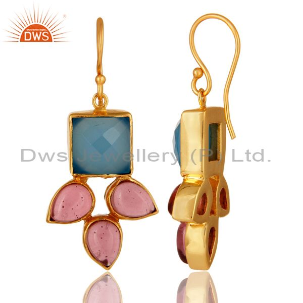 Suppliers Handmade Aqua Blue Chalcedony And Pink Glass Earrings With Gold Plated