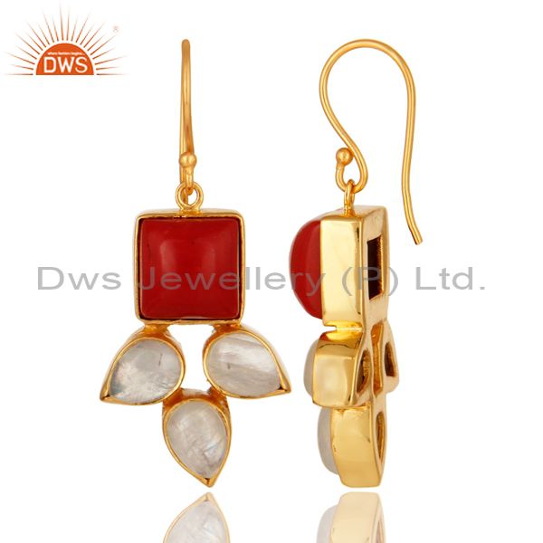 Suppliers Natural Rainbow Moonstone And Coral Gemstone Earrings Made In 18K Gold On Brass
