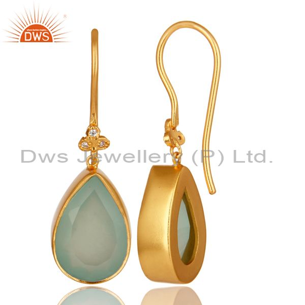 Suppliers 14K Yellow Gold Plated Brass Aqua Blue Chalcedony Gemstone & CZ Dangle Earrings