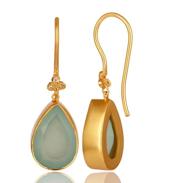 Designers 14K Yellow Gold Plated Brass Aqua Blue Chalcedony Gemstone & CZ Dangle Earrings