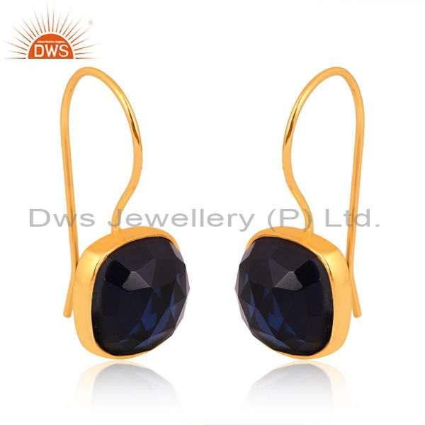 Blue Corundum Set Gold On Sterling Silver Square Earrings