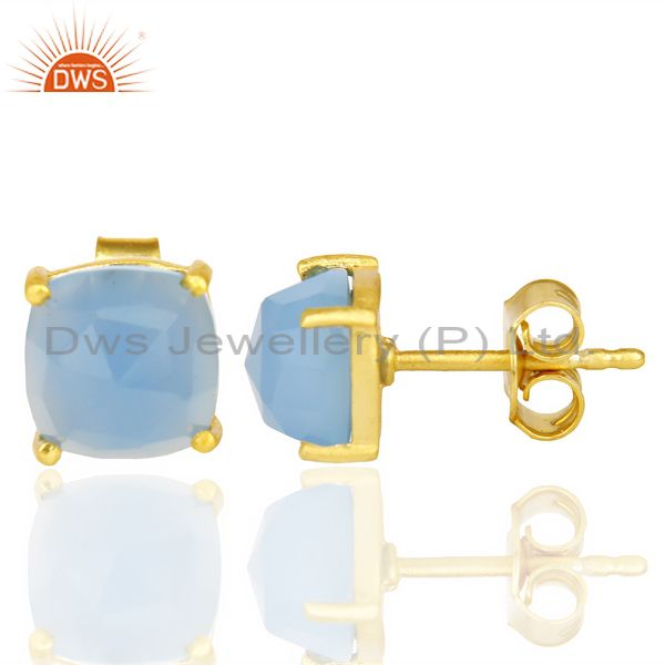 Suppliers 14k Yellow Gold Plated 925 Sterling Silver Blue Chalcedony Gemstone Earring