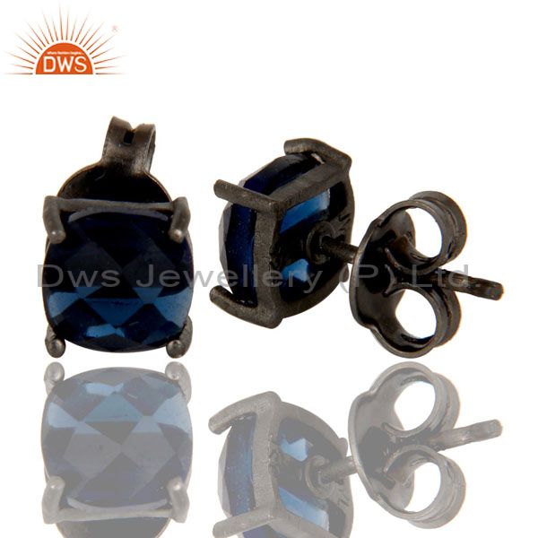 Suppliers Oxidized Sterling Silver Faceted Blue Corundum Prong Set Womens Stud Earrings