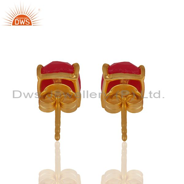 Suppliers Pink Chalcedony Gemstone 925 Silver Gold Plated Stud Earring Wholesale