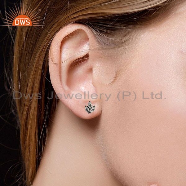 Suppliers Black Oxidized 925 Sterling Silver Crystal Quartz Prong Set Studs Earrings