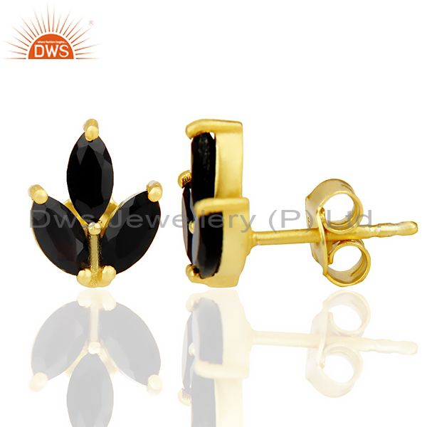 Suppliers Black Onyx Tiny Flower Stud Earring In 14 K Gold Plated Sterling Silver
