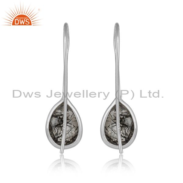 925 sterling silver black rutile gemstone hook drop earring