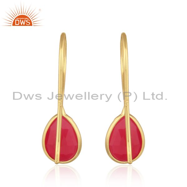 Designer of Bezel set yellow gold on silver drop earring with pink chalcedony