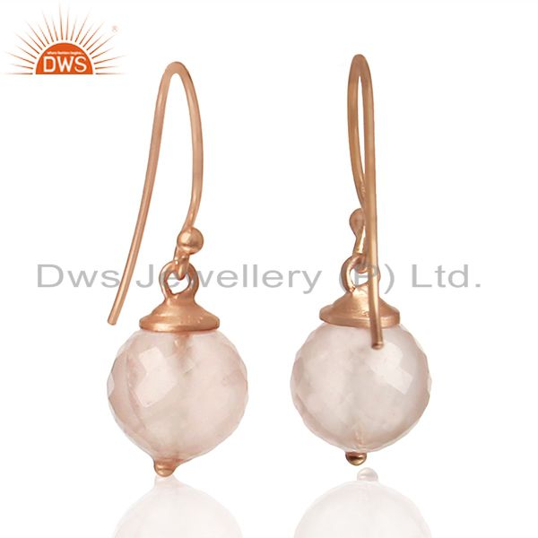Round Rose Quartz Gemstone Rose Gold Plated Silver Earrings Wholesale Round Rose Quartz Gemstone Rose Gold Plated Silver Earrings Wholesale