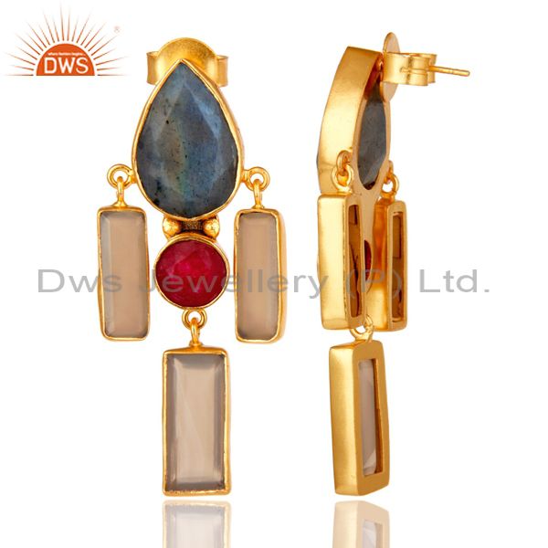 Suppliers Natural Red Aventurine Labradorite and Chalcedony Gold Plated Dangler Earring