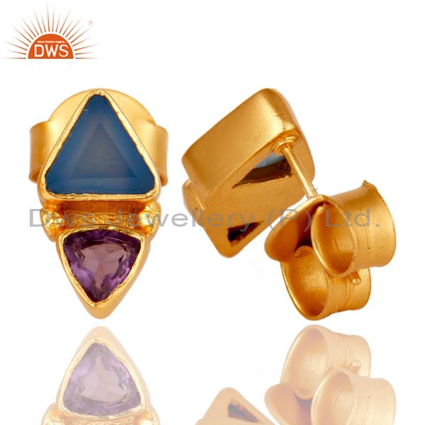 Suppliers 18K Gold Plated Amethys and Blue Chalcedony Stud Earring