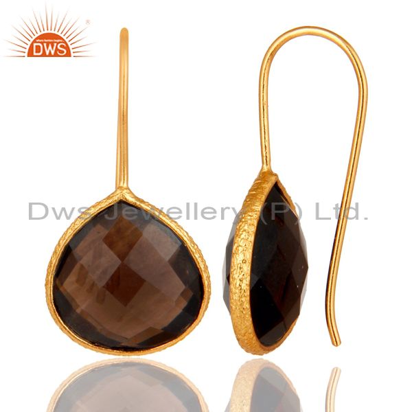 Suppliers Sterling Silver Hammered Bezel Smokey Quartz 18K Gold Plated Earring