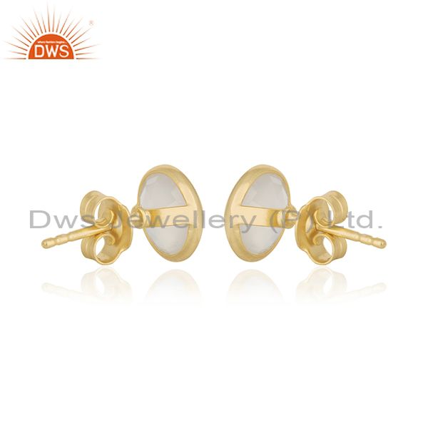 Suppliers 18K Yellow Gold Plated Sterling Silver White Chalcedony Gemstone Stud Earrings