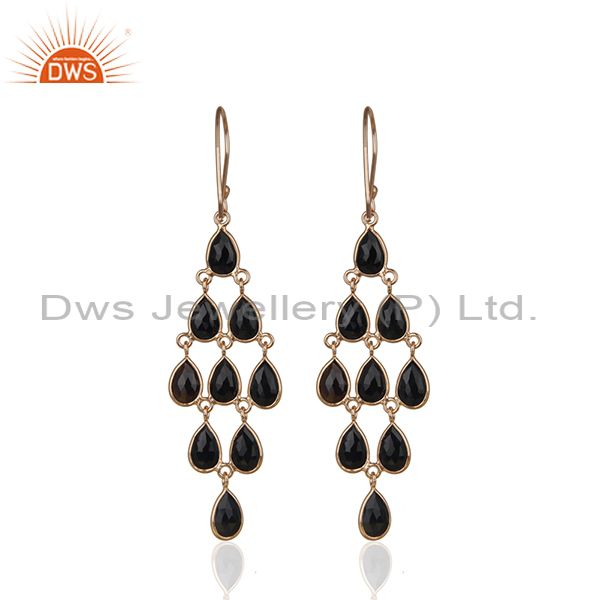 Suppliers Rose Gold Plated 925 Silver Black Onyx Gemstone Dangle Earrings Manufacturer