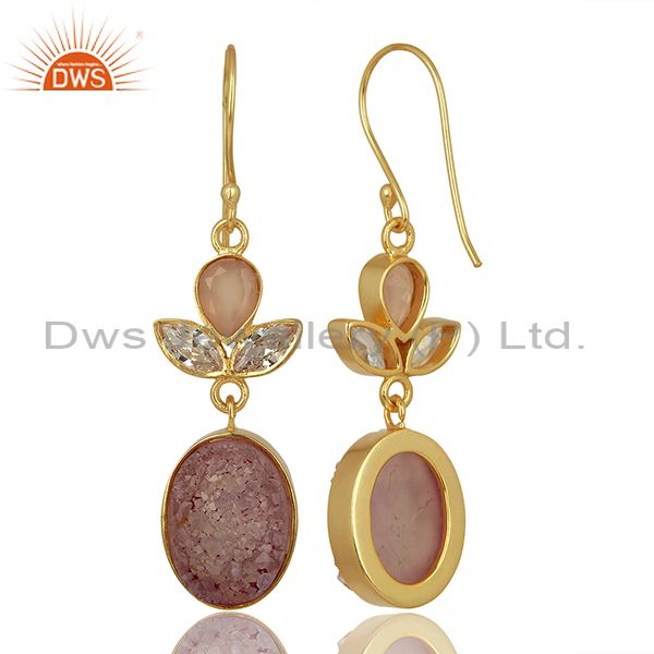 Suppliers CZ and Pink Druzy Gemstone Gold Plated Fashion Designer Earrings
