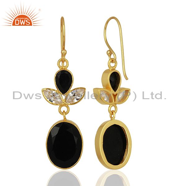 Suppliers CZ and Black Onyx Gemstone Gold Plated Fashion Girl Earrings Supplier