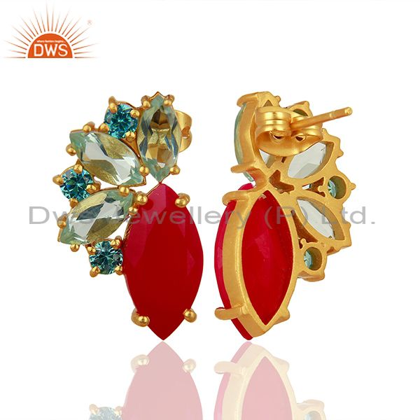 Suppliers Pink Chalcedony Gemstone Brass Fashion Stud Earrings Jewelry Supplier